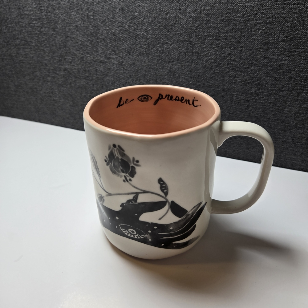 Anthropologie Ceramic "Be Present" Mug White Black & Pink